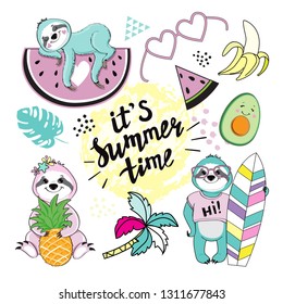 Set of fashion patches with cute funny sloths and summer items