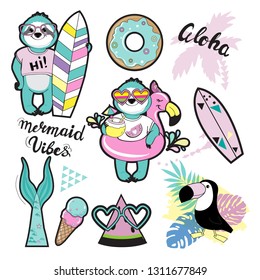 Set of fashion patches with cute funny sloths and summer items on a white background