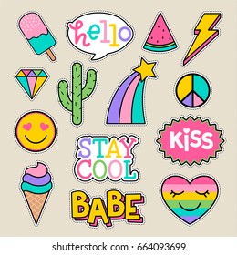 Set of fashion patches, cute pastel badges, fun cartoon icons design vector