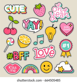Set of fashion patches, cute pastel badges, fun cartoon icons design vector