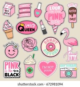 Set of fashion patches, cute pink badges, fun cartoon icons vector
in pink motivation concept