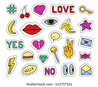 Set of fashion patches. Different badges and pins. Hearts, lips, cherry, banana, eye, key, lollipop, hashtags and diamond icons. Trendy vector pictograms in cartoon 80s-90s comic style.