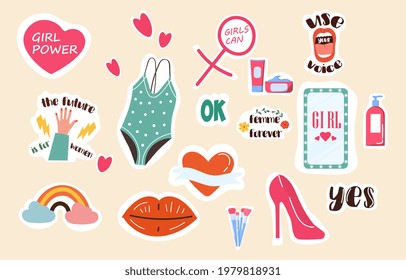 Set of fashion patches. Femininity and girl power, boss sticker set with assorted designs and text with pink accents color. Flat abstract cartoon vector concept. Clip art isolated on white background