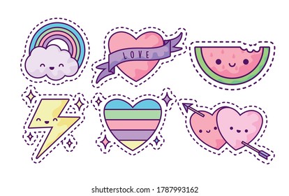 set of fashion patches, fun cartoon icons vector illustration design