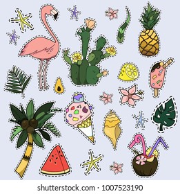 Set of fashion patches, fun cool stickers, cute badges in cartoon doodle comic style. Hand drawn elements vector