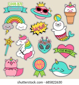 Set of fashion patches, fun pastel badges, cartoon icons design vector
in cute fantasy concept