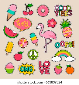 Set of fashion patches, fun stickers, cute badges vector in cartoon style