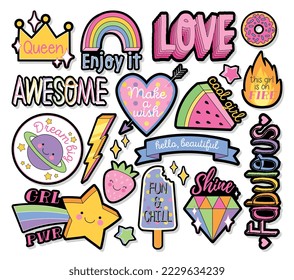 Set of Fashion patches labels. Colorful trendy stickers with ice cream, diamond, rainbow and crown. Decorative vintage badges for girls. Cartoon flat vector collection isolated on white background