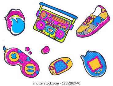 Set of fashion patches, Sneakers, joystick, lips, devices, fun icons vectorin 90s retro concept. Doodle style