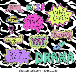 Set of fashion patches or stickers with colorful hand written slang phrases isolated on black and white zebra print background.80s 90s cartoon  style. Vector