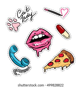 Set of fashion patches or stickers with different elements. Doodle style pin badges. Lips, pizza, retro phone handset, cat paw, lip pencil, pill (medicine), lettering, cat lady.