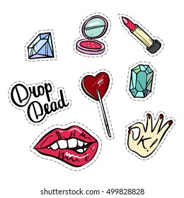 Set of fashion patches or stickers with different elements. Doodle style pin badges. Lips, gems, lipstick, mirror, ok gesture, lollipop, lettering.