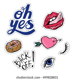 Set of fashion patches or stickers with different elements. Doodle style pin badges. Lips, heart, donut, eye, lettering.