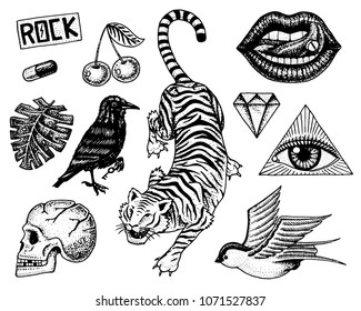 Set of Fashion patches. Tattoo artwork for Girls. Tiger and lips, skull and eye in the triangle. Engraved hand drawn in old vintage sketch. Vector surreal illustration, badges, print for t-shirt.