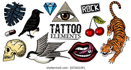 Set of Fashion patches. Tattoo artwork for Girls. Tiger and lips, skull and eye in the triangle. Engraved hand drawn in old vintage sketch. Vector surreal illustration, badges, print for t-shirt.