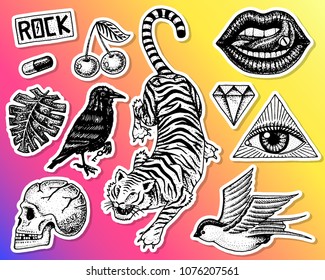 Set of Fashion patches. Tattoo artwork for Girls. Tiger and lips, skull and eye in the triangle. Engraved hand drawn in old vintage sketch. Vector surreal illustration, badges, print for t-shirt.