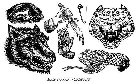 Set of Fashion patches. Tattoo artwork. Mystical magic hand. and snake. Esoteric Dagger, Leopard and wolf. Engraved hand drawn vintage sketch. Vector surreal illustration, badges, print for t-shirt.