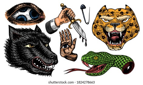 Set of Fashion patches. Tattoo artwork. Mystical magic hand. and snake. Esoteric Dagger, Leopard and wolf. Engraved hand drawn vintage sketch. Vector surreal illustration, badges, print for t-shirt.