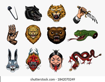 Set of Fashion patches. Tattoo artwork. Bear Dragon Lion Snake Dagger Hare. Hand Drawn Engraved in old vintage sketch. Vector surreal illustration, badges, print for t-shirt.