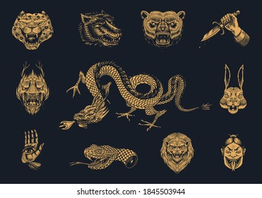 Set of Fashion patches. Tattoo artwork. Bear Dragon Lion Snake Dagger Hare. Hand Drawn Engraved in old vintage sketch. Vector surreal illustration, badges, print for t-shirt.