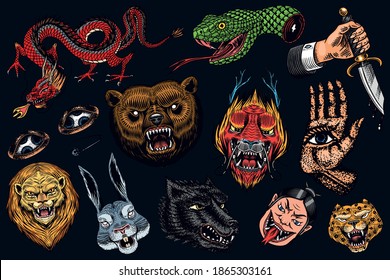 Set of Fashion patches. Tattoo artwork. Bear Dragon Lion Snake Dagger Hare and astrological hand. Drawn Engraved in old vintage sketch. Vector surreal illustration, badges, print for t-shirt.