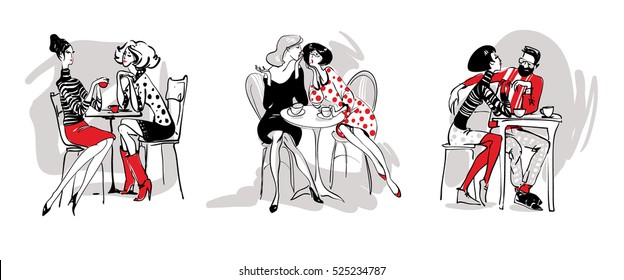 A set of fashion people talking in a cafe, lovers, girlfriends talking, drinking coffee. Stylish, straight black, white, red freehand drawing