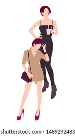 Set of fashion people. Vector flat design colorful fashionable people standing in different poses. Women and a man in luxury clothes. Fashionable girl standing in two different poses and dresses with