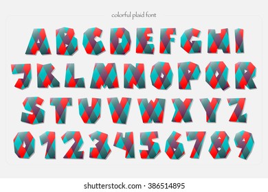 set of fashion, plaid style pattern, funny alphabet letters and numbers isolated on white background. vector, checkered font type design. mode magazine lettering typeface collection