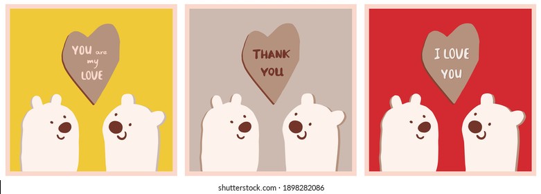 A set of fashion postcard with bears in love, animals with hearts, hand lettering. Collection of vector hand drawn flat pastel bright retro illustrations. Cute cartoon couple Isolated. Valentine's Day