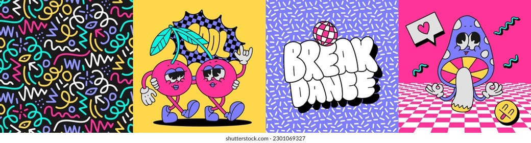 Set of fashion poster with funny retro cartoon characters in 1990s party style. Vector illustration of vintage easthetic in the style of 90s music. Set of comic vector elements and lettering text.