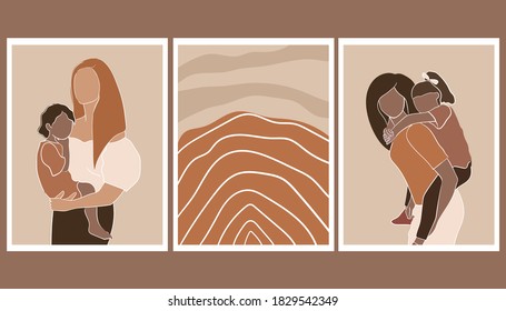 
Set of fashion posters. Minimalism. Mom with a child. Modern Art. Vector illustration in pastel colors.