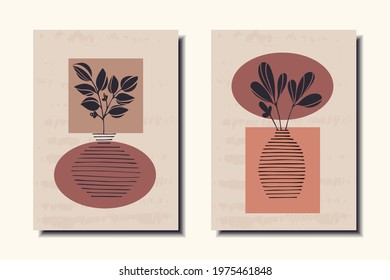 Set of fashion posters. Plant in a vase. Vector illustration.