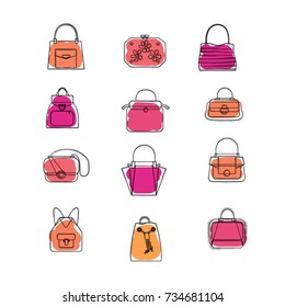 Set of fashion purses. Hand drawn icons. Sketch vector illustration.