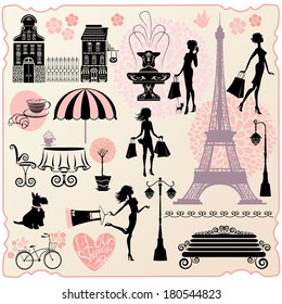 Set for fashion or retail design - Effel Tower, houses, heart with calligraphic text I Love Shopping, girls silhouettes with shopping bags