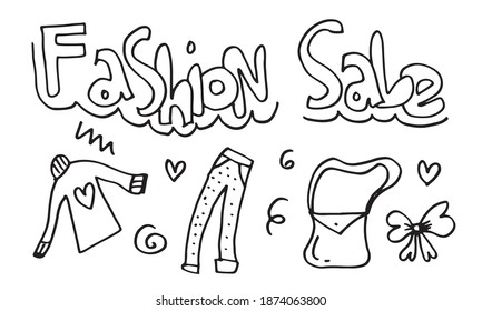 Set of fashion sale hand drawn doodle icons. Female clothing and accessories.