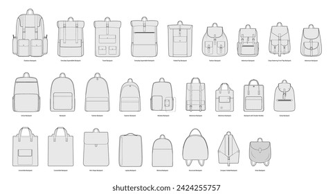 Set of Fashion School Sport backpacks silhouette bag. Fashion accessory technical illustration. Vector schoolbag front view for Men, women unisex style, flat handbag CAD mockup sketch outline isolated