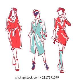Set fashion scribble ilustrations drawing by hand. Standing women at full length in outerwear clothes. Modern abstract female simple silhouette, contour black line ouline. Freehand logo.Autumn clothes