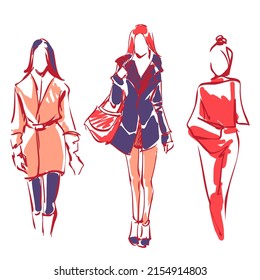 Set fashion scribble ilustrations drawing by hand. Standing women at full length in outerwear clothes. Modern abstract female simple silhouette, contour black line ouline. Freehand logo.Autumn clothes