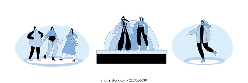 Set Fashion Show Event with Top Models Wear Trendy Haute Couture Clothing and Demonstrating It on Runway. Girls Perform Clothes Cpllection on Catwalk. Cartoon People Vector Illustration