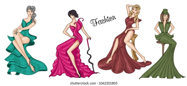 Set. Fashion. Sitting girls in long dresses. Isolated image on white background.
