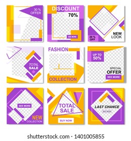 Set of Fashion Social Network Flyers in Geometric Modern Yellow Pink Design. Frame Social Networks Shop. Discounts, Sale Offers, Promo Templates. Vector Illustration for Business