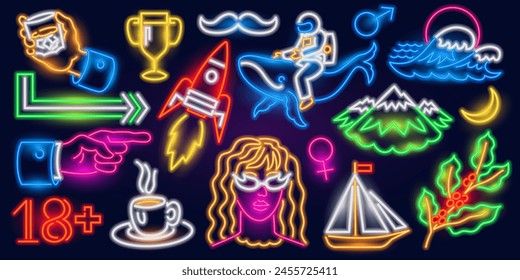 Set of fashion space neon sign. rocket, wave, mountains, sailboat, astronaut on a whale, glass of whiskey, cup of coffee. Night bright signboard. Summer logo. Club or bar concept on dark background