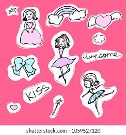 Set of fashion stickers with ballerina, princess, hearts and rainbow. Vector cartoon illustration with bow and magic wand.