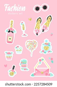 Set of fashion stickers. Cute illustrations of beautiful girl shoes, pink bag, sunglasses, champagne bottle, cupcakes ets. Vector 10 EPS.