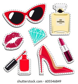 Set of fashion stickers with heels, lipstick, lacquer, glasses, diamond, kiss . Girlish stickers in bright colors isolated on white background. Fashion patch in cartoon style.