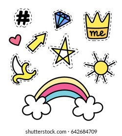 Set of fashion stickers with rainbow, star, crown, banana, sun, arrow and gemstone. Trendy patch badges, collection in comic style