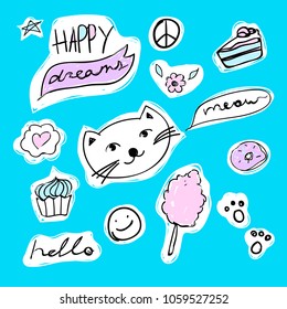 Set of fashion stickers with unicorn, heart, ice-cream and star. Vector cartoon illustration with rainbow and diamond. Cupcake.