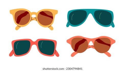 Set of fashion, summer, beach sunglasses for women. Front view of sun eyewear.