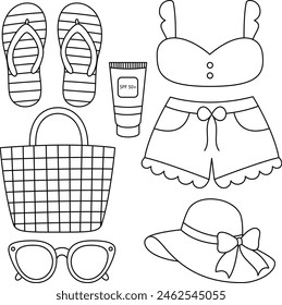 Set of fashion summer outline doodle coloring page isolated on white background. Summer coloring book for kids