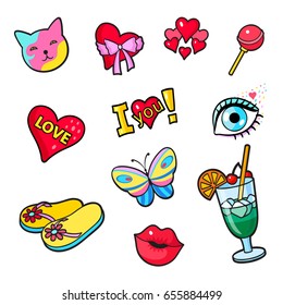 Set of fashion summer patch badges. Cat, heart, flip flops, cocktail, lips, eye, butterfly and other elements. Comic book style vector stickers, pins, patches,  illustrations